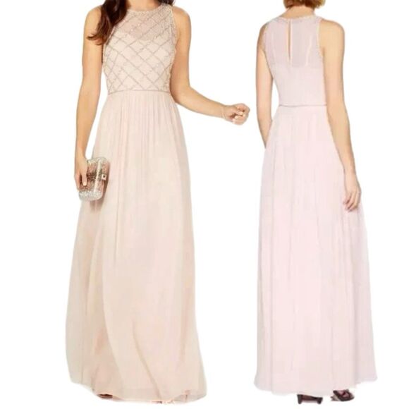 NWT Adrianna Papell Blush Pink Beaded Bodice Maxi Dress Size 10 - Picture 1 of 11